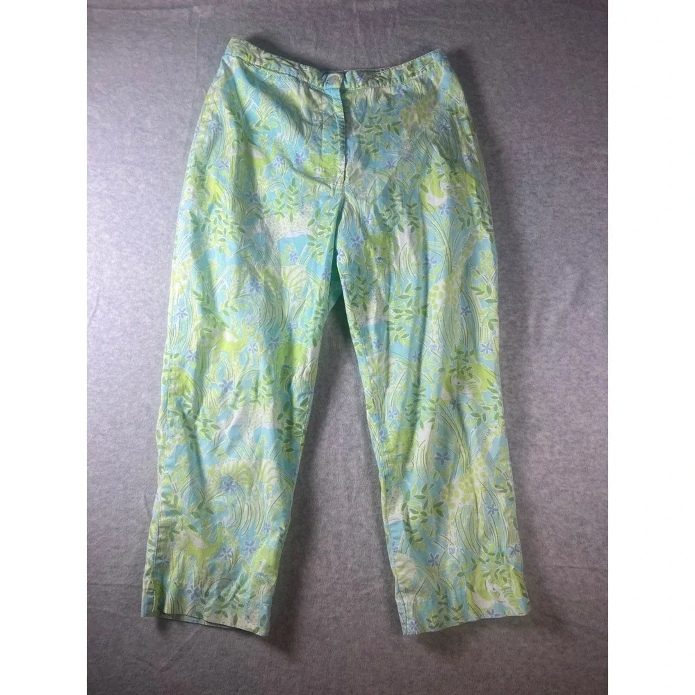 Lilly Pulitzer Womens Cropped‎ Pants Elephant Lion Floral Print Blue Green 29W